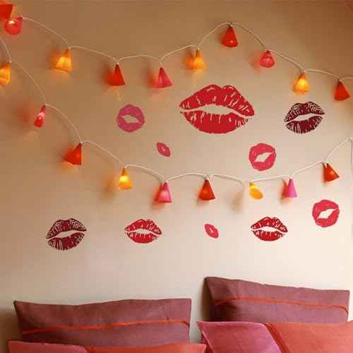 SUPERDANT Red Lips Wall Stickers 25PCS Large Size Kisses Stickers Self-Adhesive Vinyl Wall Art Decals Valentine's Day Trendy for Home Living Room Bedroom Girly Women's Teens Apartment Red Room Decor