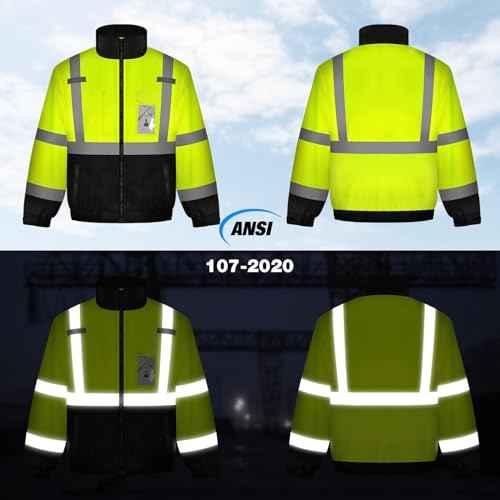 TCCFCCT Safety Jacket for Men & Women, Hi Vis Reflective Jackets with Pockets, Construction Coats for Cold Weather, High Vis Rain Gear, Waterproof, J-Yellow, S