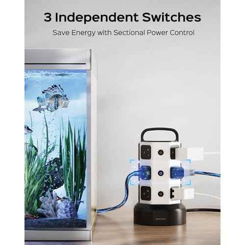 Power Strip Tower Surge Protector, JACKYLED 1625W 13A Outlet Surge Electric Tower, 12 Outlets 6 USB Ports Charging Station with 16AWG 15ft Heavy Duty Extension Cord for Home Office Dorm