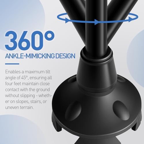 Cane Tip,Quad Cane Base Self Standing Design with Heavy Duty,360° Pivoting Replacement 4 Prong Base for All Terrains Stable and Non-Slip for 3/4 inch Canes
