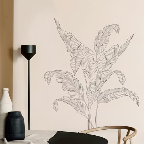 Supzone Simple Tropical Plants Wall Stickers - Black and White Sketch Palm Leaves Decals, Minimalist Line Art Decor for Bedroom, Living Room, Kitchen, Sofa, TV Backdrop Decoration