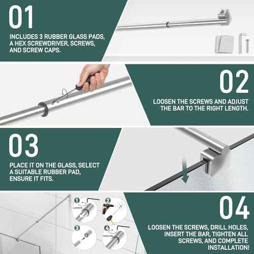 Shower Door Support Bar, 27.5'' to 47.2'' Telescopic Stainless Steel Wall-to-Glass Support Bar for 1/4"(6mm) to 3/8"(10mm) Thick Glass, Fixed Panel Support Rod, Brushed Nickel