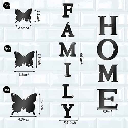 Outus 3D Family Home Sign Letters Living Room Decor Family Rustic Farmhouse Wall Decor Acrylic Mirror Decorative Butterfly Mirror Wall Sticker Decals for Living Room Bedroom Kitchen (Black)
