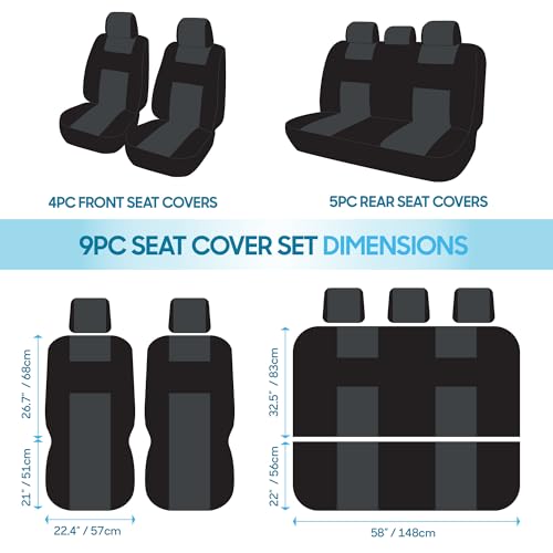 BDK PolyPro Car Seat Covers Full Set in Gray on Black, Front and Rear Split Bench Seat Covers for Cars, Easy to Install Car Seats Cover Set and Accessories for Auto Trucks Van SUV - Gray