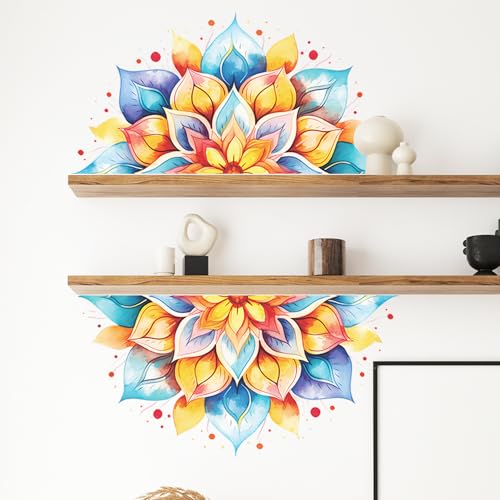 Large Mandala Wall Decal Blue Lotus Flower Wall Sticker Removable Indian Namaste Vinyl Wall Art Mural for Yoga Meditation Living Room Bedroom TV Sofa Background Decors (B404)