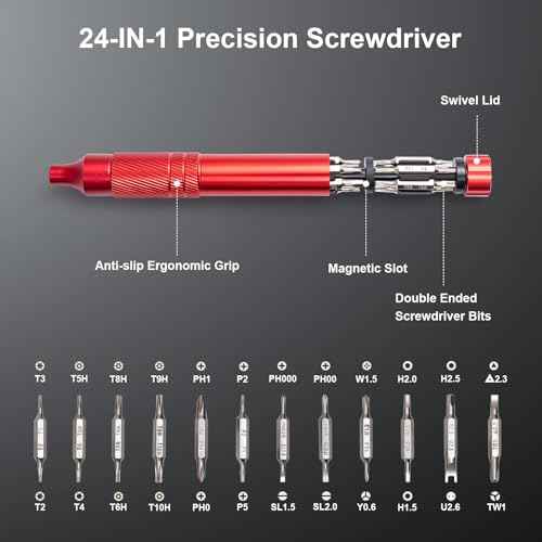 24-in-1 Precision Screwdriver Set, Magnetic Multi Bit Mini Screwdriver Set, Pen Style Repair Tool Kit for Eyeglass, Watch, Computer, Jewelry, Laptop, Phone and Electronic (Red)
