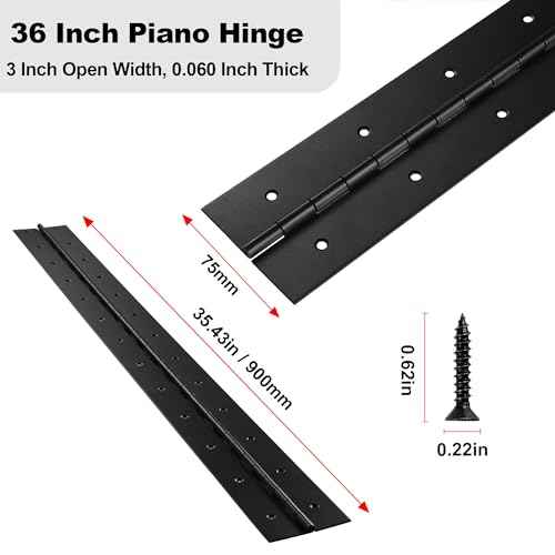 2 Pcs Heavy Duty Piano Hinge 36 Inch x 3 Inch Width, True 0.060'' Thick Stainless Steel Black Piano Hinge for Heavy Duty Cabinet, Door, Toolbox, Wooden Box, Metal Plate, Furniture, Industrial Project