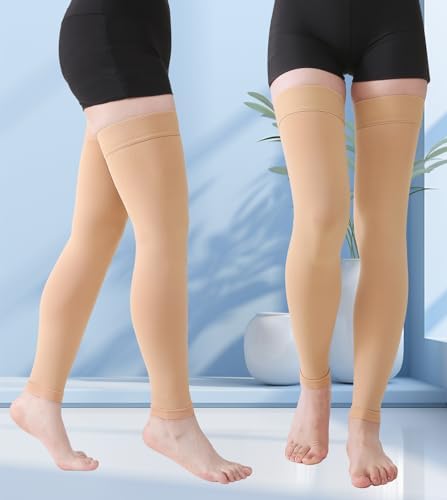 MGANG Thigh High Leg Sleeve 20-30 mmHg Graduated Compression with Grip Top, Medical Compression Stockings for Men and Women, with Varicose Veins, Lymphedema, Swelling & Venous Insufficiency, Beige S