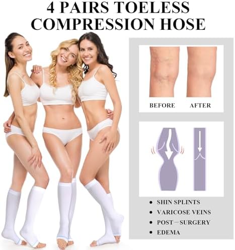 Sintege 4 Pairs Open Toe Anti Embolism Compression Stockings TED Hose 15-20mmHg Compression Socks 18mmHg Toeless Knee Socks for Women Men Swelling