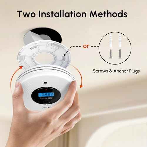 Smoke Detector Carbon Monoxide Detector Combo 10 Year Battery, KARUOTOP Smoke Alarm CO Detector with Large Display, Adhesive or Screw Installation