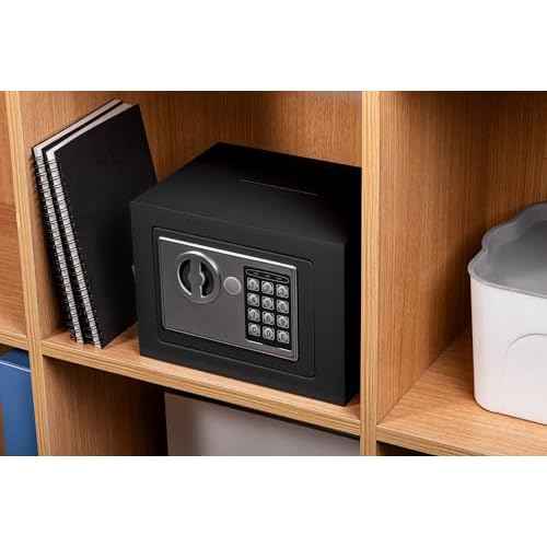 Small Electronic Safe Box With Digital Keypad & Keys - 9.05 x 6.7 x 6.7 Inches Wall Safe 0.23Cuft Mini Security Box for Coin Home Office Hotel Rooms Business Jewelry Gun (Black)