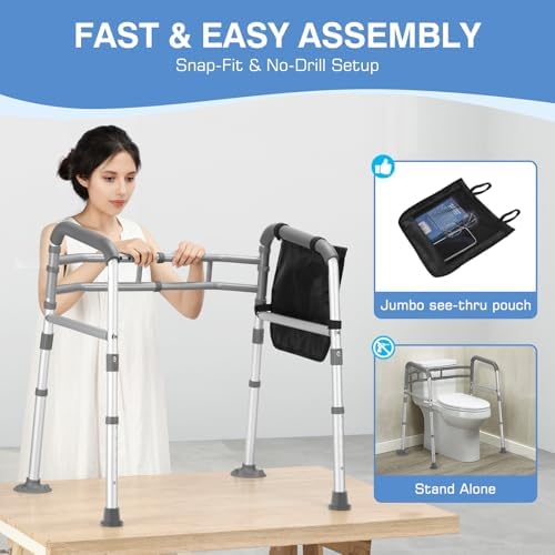 TABEKE Toilet Safety Rails for Seniors, Adjustable Height & Width Toilet Safety Frames with Handles, Foldable Toilet Rails for Disabled Elderly Fit Most Toilets (w. Suction Cups)