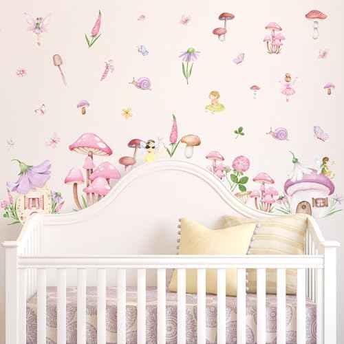 9 Sheet Fairy Mushroom Wall Decal Woodland Pink Mushroom Spring Floral Mural Sticker Peel and Stick Forest Nursery Wallpaper Decal for Bedroom Living Room Playroom Decor