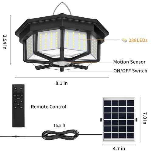Solar Shed Lights Indoor Outdoor, Aqonsie 288LED Solar Powered Motion Sensor Pendant Light Daytime Available, Solar Indoor Light with 5 Lighting Modes & Remote for Shed Gazebo Barn Garage Home, 2 Pack