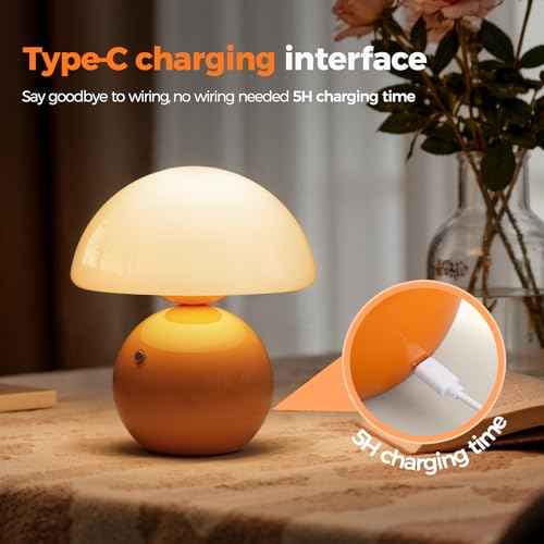 NIORSUN Mushroom Lamp Table Lamp for Bedroom, Portables Cordless Table Lamp,Wireless lamp,Small Bedside Table Touch Lamps for Living Room,Mini Mushroom 5200mAh Battery Operated Lamp Modern Orange
