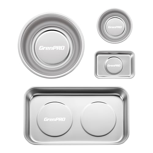Magnetic Tray 4-Pack | Stainless Steel Magnetic Parts Trays | 3 Inch, 6 Inch, Square & Shallow Tray Set