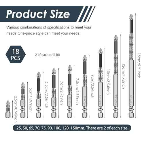 18 Pcs Magnetic Screwdriver Drill Bit Set, Impact-Resistant and Anti Slip Bits, Carbon Steel Impact Driver Screwdriver Bit for Screws Electric Drill (25/50/65/70/75/90/100/120/150mm)