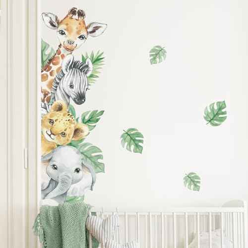 Supzone Jungle Animal Wall Stickers - Cartoon Animal Wall Decals with Giraffe, Zebra, Elephant & Green Leaves - Wall Art Stickers for Kids, Baby Nursery, Bedroom, Playroom & Kindergarten Decor