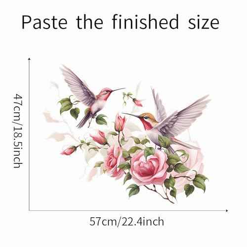 Pink Rose Hummingbird Flower Wall Stickers, sacinora Romantic Floral Art Bird Wall Decals Removable Vinyl Peel and Stick for Living Room Bedroom Nursery Playroom Kitchen Decorations