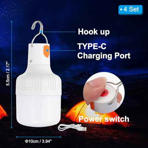 PATIKIL Camping Lantern, 4 Pack Rechargeable LED Tent Lamp Lights Bulb Portable Hanging 3 Lighting Modes 60W Clip Hook for Camping, Hiking, Fishing, White