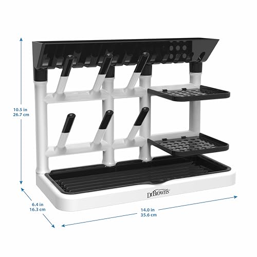 Dr. Brown's Baby Bottle Drying Tower, Stand-Up Countertop Drying Rack with Organized Storage for Baby Essentials, Space Saving Vertical Rack, Black/White