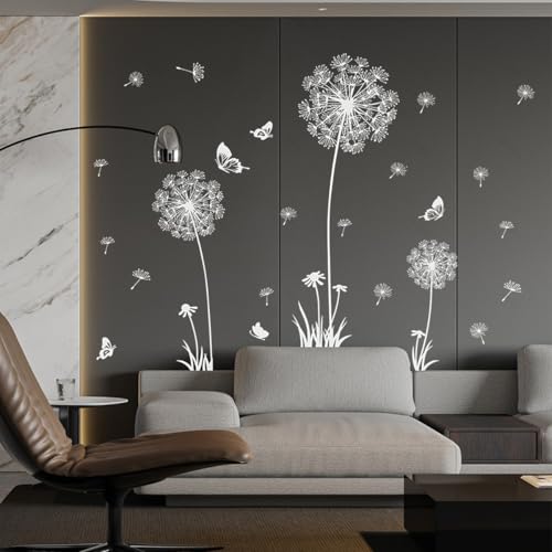 Joyartu 2 Sheets Dandelion Wildflower Wall Decals Art,Flower Stickers, Murals with Butterflies, Removable DIY Sticker Decals for Bedroom Living Room Nursery Classroom Playroom (White)