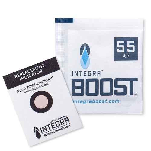 Integra Boost - 55% RH Level - 8 Gram Size - Two-Way Humidity Control Pack Incl. Replacement Indicator Cards - Food Storage & Herbs Preserver Moisture Balancer, Protects 1 OZ (Pack of 50)