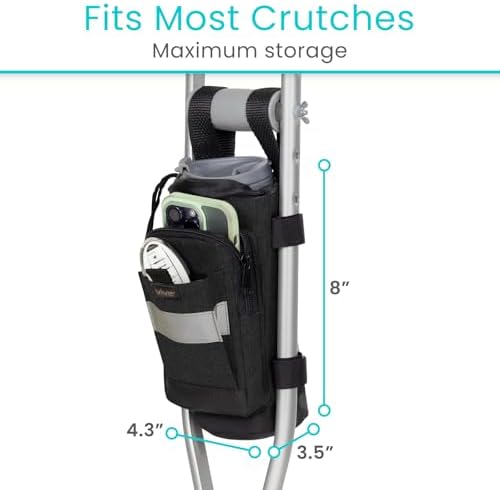 Vive Crutch Accessories Bag - Pouch for Crutches - Accessory Storage Carry Kit for Women, Men, Adults, Kids - Cup and Bottle Pocket Holder with Ergonomic Design (Black)