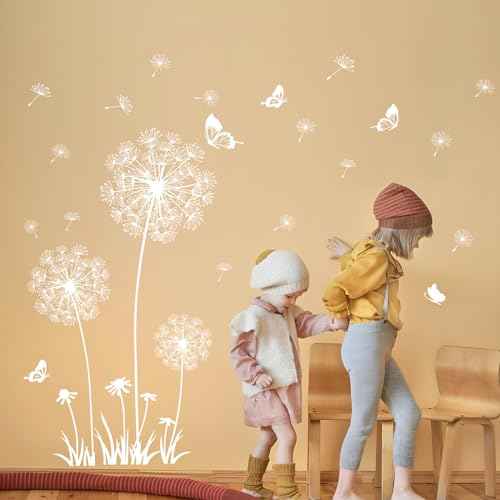 2 Sheets Dandelion Wildflower Wall Decals Art, Wall Stickers Peel and Stick Floral Butterflies Flying Decor for Girls Kids Women Baby Nursery Living Room Bedroom Bathroom Hallway Stairwell (White)