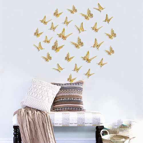 36Pcs 3D Gold Butterfly Wall Stickers, 3 Sizes Butterfly Decoration, Removable Wall Decals Room Decor for Bedroom Nursery Classroom Party Wedding Cake Decor Paint, Wall Treatments and Supplies