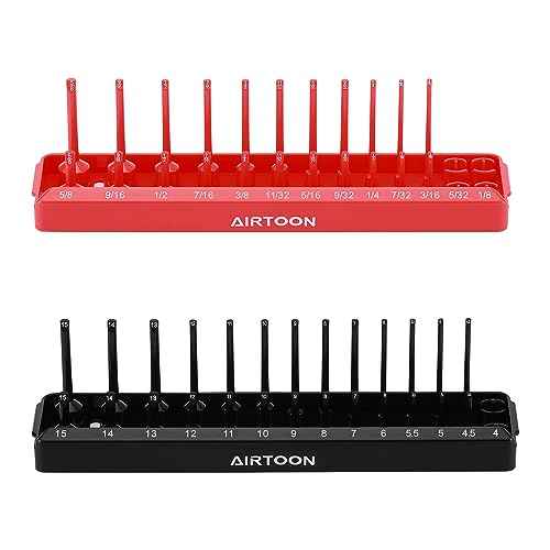 AIRTOON 1/4-Inch Drive Socket Organizer Trays, 2-Piece SAE and Metric Socket Tray Set, Deep and Standard Socket Holders Organizers for Toolbox, Black & Red
