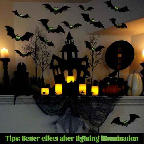 132 Pcs Halloween Bats Wall Decor With Glow in The Dark Eyes - Large 3D Bat Stickers and Decals for Indoor Party Decorations - PVC Black Bats