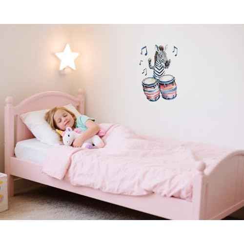 Zebra Play Drum Decal Wall Stickers, Fun Animals Decor Music Vinyl Waterproof Peel Removable Wall Decor for Nursery Kids Baby Bedroom Preschool Playroom Classroom