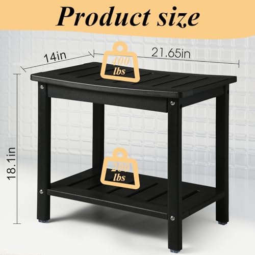 HDPE Shower Bench, Shower Stool with Storage Shelf 2-Tier Spa Stool for Inside Shower,Water Resistant & Non-Slip Design Shower Seat (Black L Size)