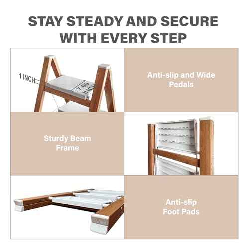 3 Step Ladder, Folding Aluminum Step Stool with Anti-Slip Wide Steps for Adults, Ideal for Kitchen, Closet, Bedroom, 330 lbs Capacity (Woodgrain)