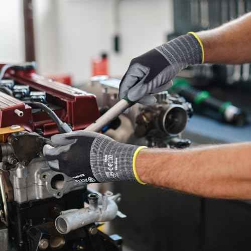 Work Gloves PU Coated 12 Pairs, KG15P,Nylon Liner with Flexible Polyurethane Coating,Safety Work Gloves for DIY, Assembly, Warehouse, Light Duty Work (Large, Black)