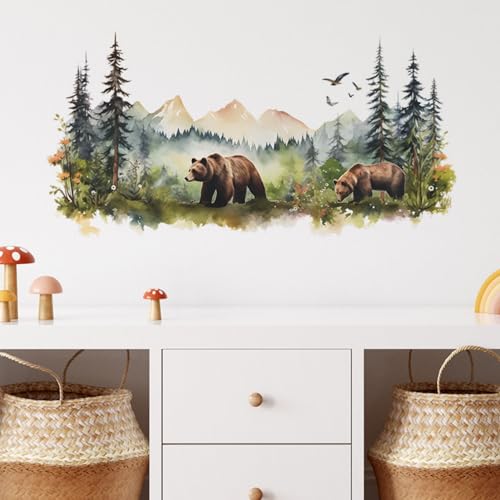 Animals Wall Stickers Mountain Forest Wall Decal for Nursery Bedroom, Wild Jungle Animal Wall Deals Vivid Bears Wall Art Murals Peel and Stick Home Decors for Study Room Living Room