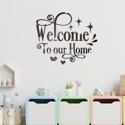 INCAUCA Welcome to Our Home Wall Decor Sticker, Home Acrylic 3D Mirror Wall Decal, Removable Art Letter Sign, Wall Door Quote Decoration DIY for Living Room Bedroom Sofa TV Background (Silver)