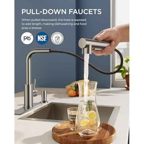 FORIOUS Kitchen Faucet with Soap Dispenser, Brushed Nickel Stainless Steel Sink Faucet with Pull Out Sprayer Modern Single Handle Suitable for Bar RV Farhouse Laundry Outdoor
