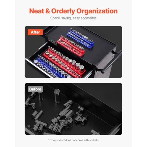 VEVOR 4PCS Magnetic Socket Holder, 1/4'' & 3/8'' Metric SAE Socket Trays with Clear Labels, Holds up to 108PCS Standard & Deep Sockets, Blue (Metric) & Red (SAE) Organizer Set