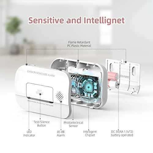Carbon Monoxide Detector, 7 Year Sensor Life CO Detector with Battery Warning Indicator and Test Button, 85 dB, for Ceiling and Wall Mounting, White (2Pack)