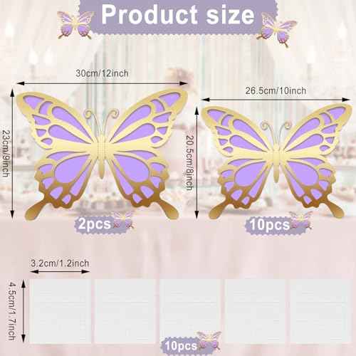 Geyee 12 Pcs 3D Large Butterfly Party Decoration 12 Inch 10 Inch Big Butterfly Centerpieces for Tables Baby Shower Birthday Wedding Hanging Decoration(Gold and Purple)