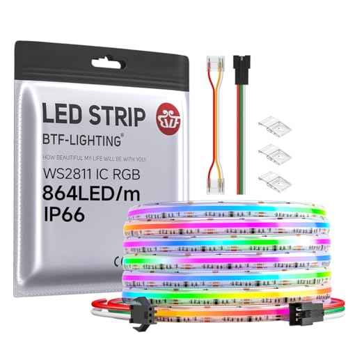 BTF-LIGHTING FCOB IP66 WS2811 IC RGB COB LED Strip 864LED/m Flexible High Density Color Chasing Uniform Light DC24V 24FT 24IC/m 12mm Width for DIY Lighting Projects(No Adapter or Controller)