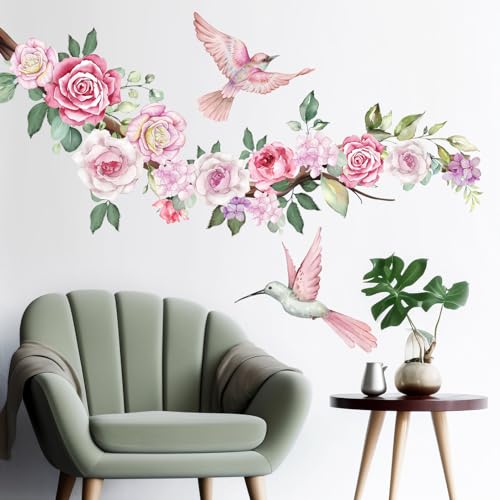 2 Sheets Watercolor Peony Flowers Wall Decals Floral Wall Stickers Pink Hummingbirds Wall Decals DIY Removable Flying Birds Floral Art Stickers for Living Room Sofa TV Background