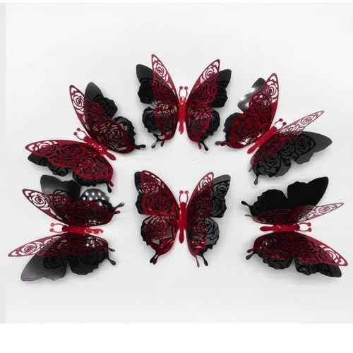 3D Butterfly Wall Decor Summer Party Rose Butterfly Sticker Decoration 3.85x4.6 inche Red Black Double Deck Removable Sticker for Birthday Holiday Party Decoration-6pcs