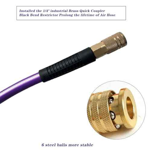 Air Hose 3/8 in x 100 ft, Heavy Duty, Lightweight, Kink Resistant, Hybrid Air Compressor Hose with 1/4 in Solid Brass Male Fittings, Bend Restrictors, 400 PSI(100FT, Purple White)