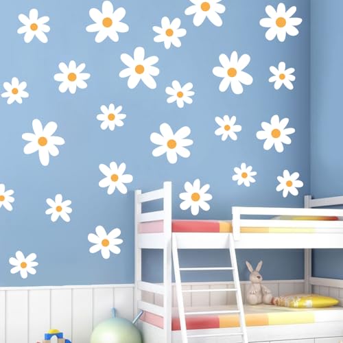 Runtoo White Daisy Boho Flower Wall Decals - Kids Nursery Floral Wall Art Stickers for Girls Bedroom & Living Room