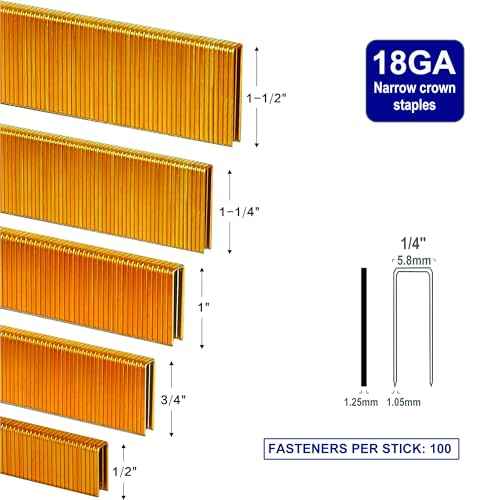 HW HAMWOO 18 Gauge 3000PCS,1/4" Narrow Crown Staples (1/2",3/4",1",1-1/4",1-1/2"),18GA Nail Gun Nails Assorted, Suitable for Most Brand of 18 Gauge Pneumatic and Electric Brad Nailer