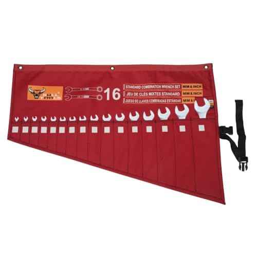 BULL TOOLS 16-Pocket Tool Organizer Roll-Up Pouch with Carry Bag Heavy Duty Ballistic Polyester Canvas SAE/Metric Tool Roll for Wrenches, Screwdrivers & Small Tools, Waterproof, Compact & Durable-Red