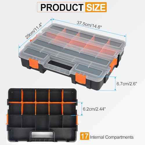 HARFINGTON Single Side Tool Organizer 14.8"x11.4"x2.6" 17-Compartment Hardware Storage Box with Removable Plastic Dividers for Screws Nuts Nails Bolts